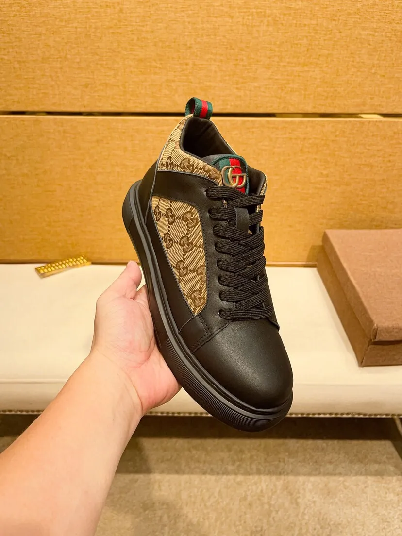 Factory price 460 [Gucci] Gucci's latest high-top casual Korean-style men's shoes, new autumn and winter design, perfect workmanship, cabinet quality, upper: cowhide material, leather lining; soft and comfortable, rubber outsole ultra-light, wear-resistant, simple, versatile fashion men's shoes, color optional, size 38--44